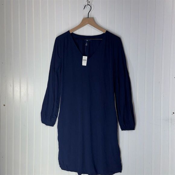Gap Navy Blue V-Neck Long Sleeve Shift Dress S Coastal Boho Minimalist Style NWT - Picture 1 of 7